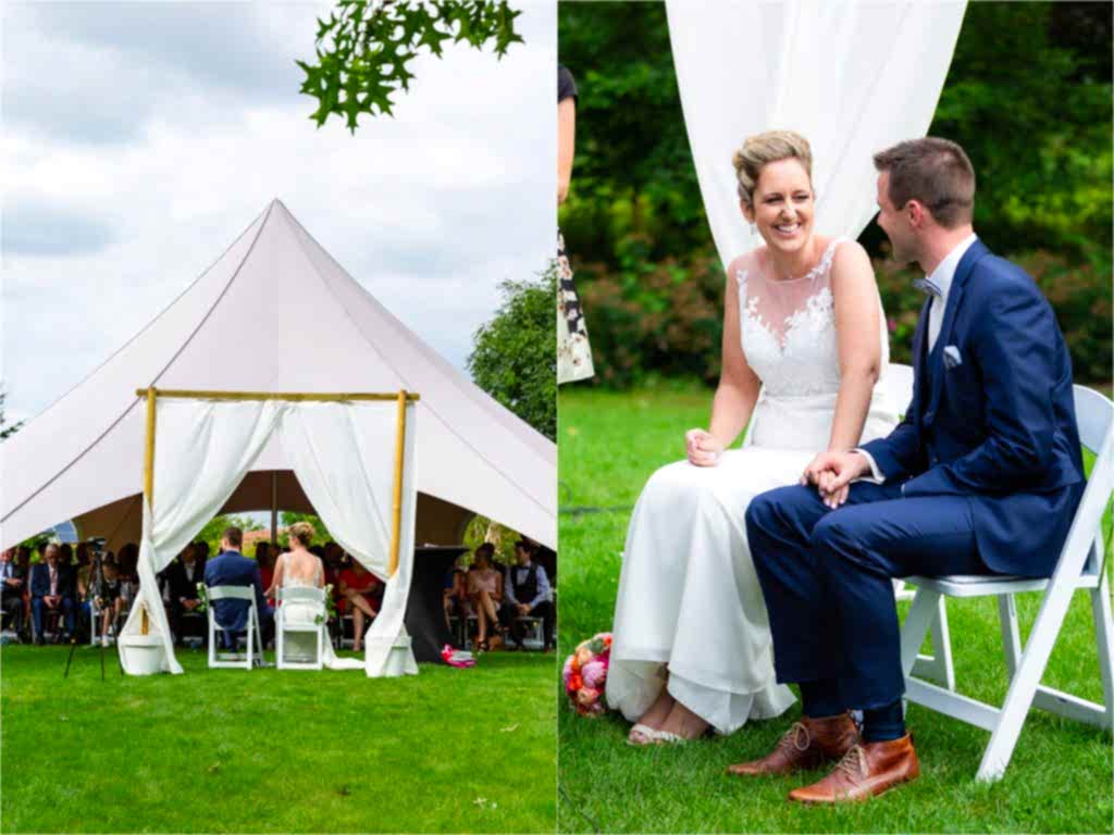 Bride and groom laughing during Belgium Garden Wedding ceremony
