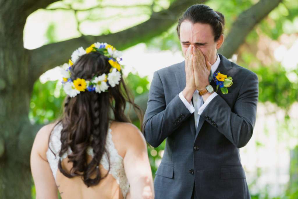 First Look Wedding Photos groom crying