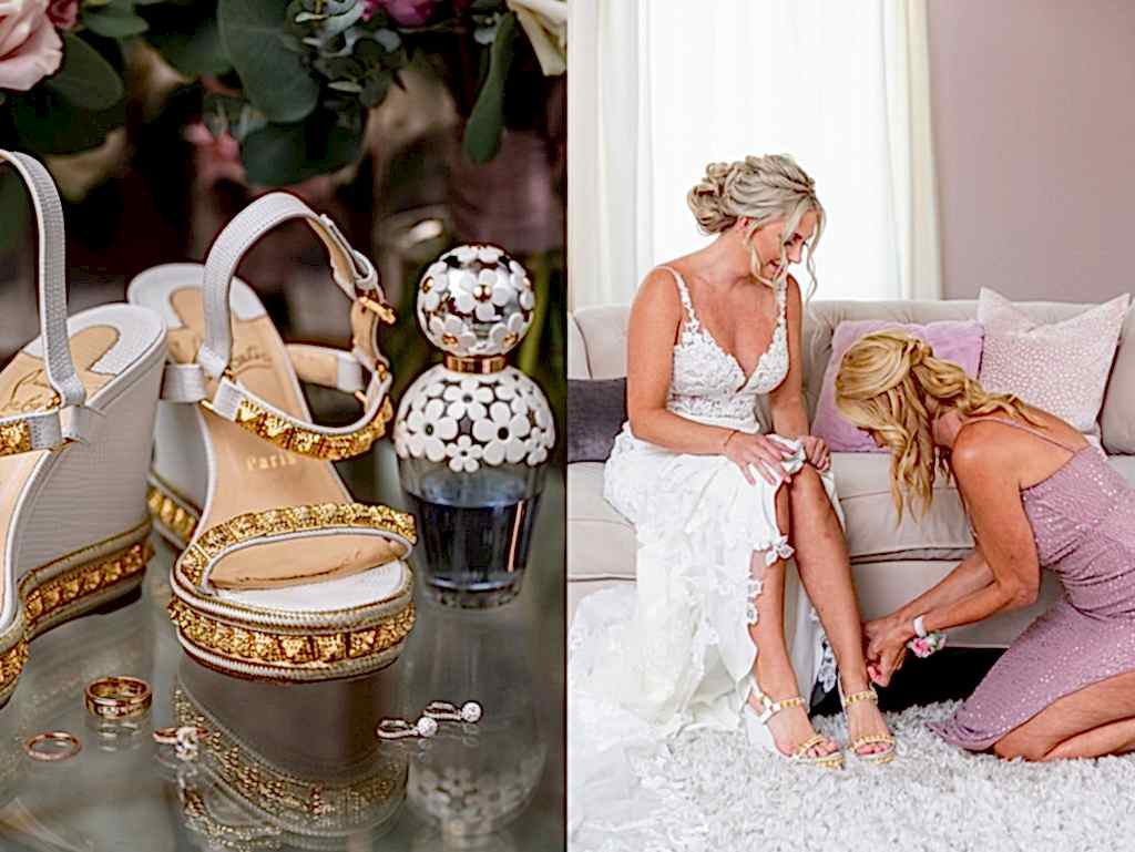 Elegant Montclair Venue Wedding bride putting on shoes