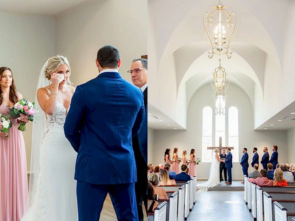 Bride crying during wedding ceremony