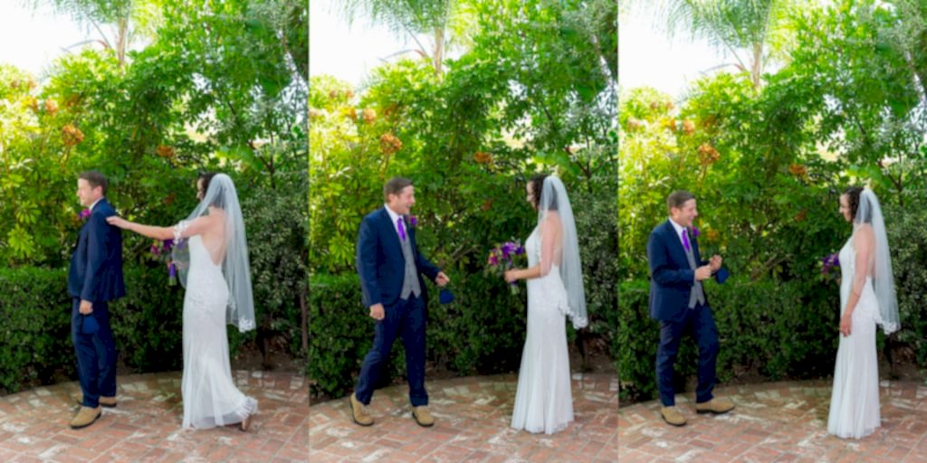Bride and groom laughing during first look