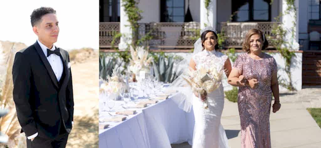 Malibu Estate wedding bride walking down aisle with mother