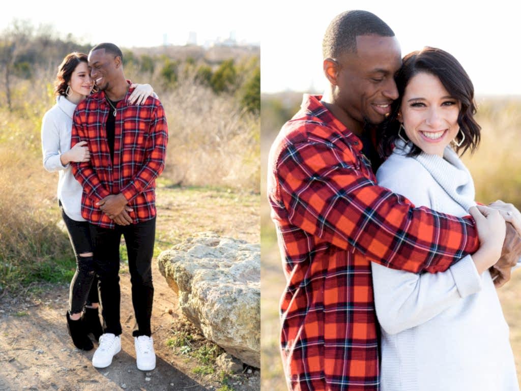 Couple hugging during photoshoot in park