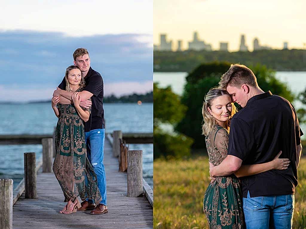Sunset engagement photo shoot at lake in Dallas