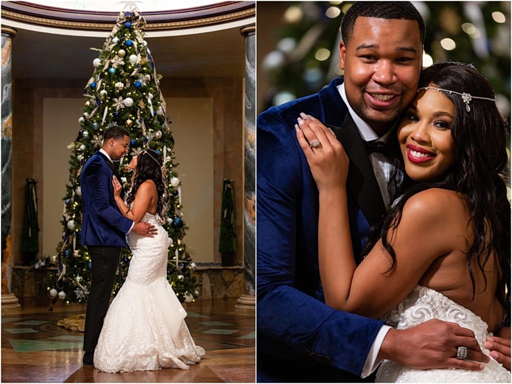 Bride and groom in front of christmas tree