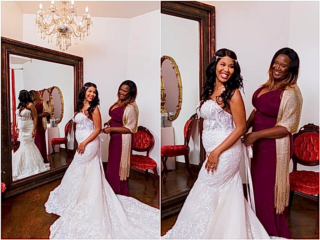 bridal portraits with sister in front of mirror