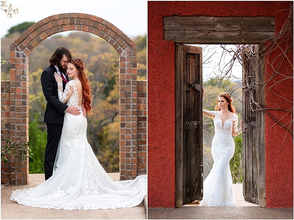 bride and groom embracing under a stone arch as the groom holds the brides waist and leans into her photographed by azle wedding photographer