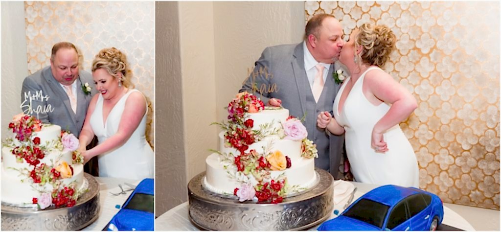 Bride and groom cut their white cake decorated with florals at their luxury wedding venue captured by Dallas wedding photographers