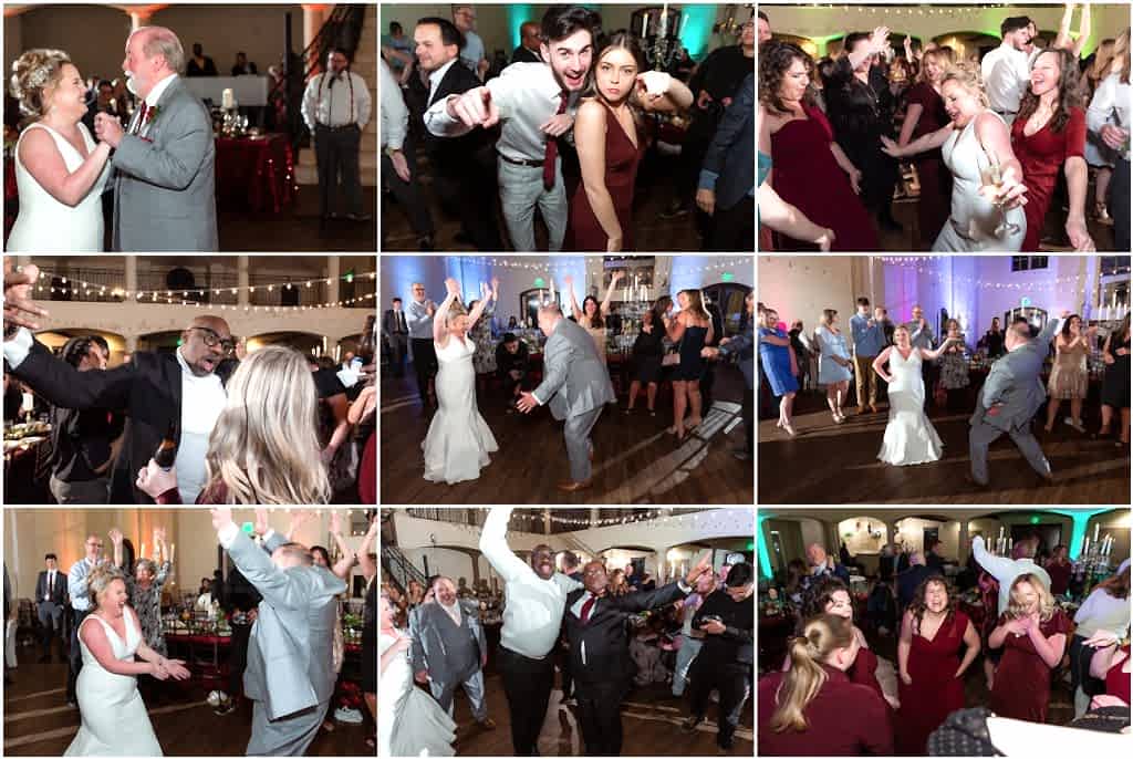 many shots of separate guests dancing with bride and groom at Ana Villa wedding venue captured by Dallas wedding photographers