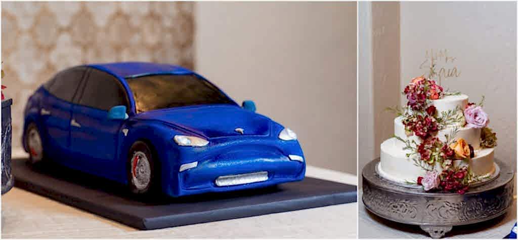 A blue Tesla grooms cake and the couples' white wedding cake decorated with flowers captured by Dallas wedding photographers