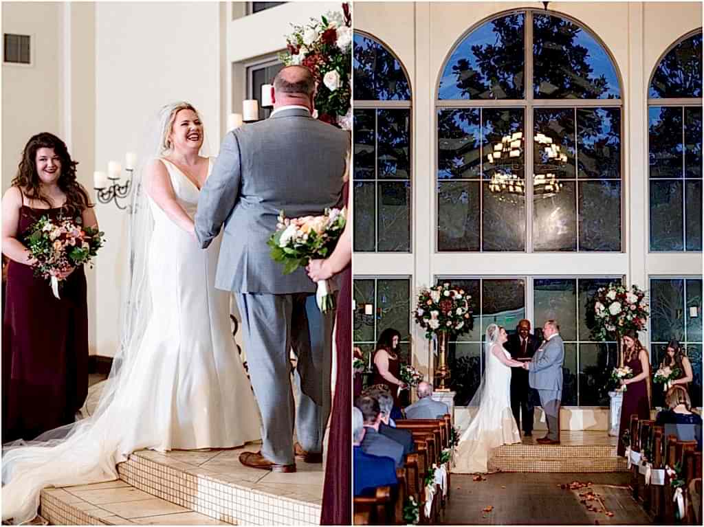 The happy couple stands in front of their guests during the ceremony at Ana Villa venue photographed by Dallas wedding photographers