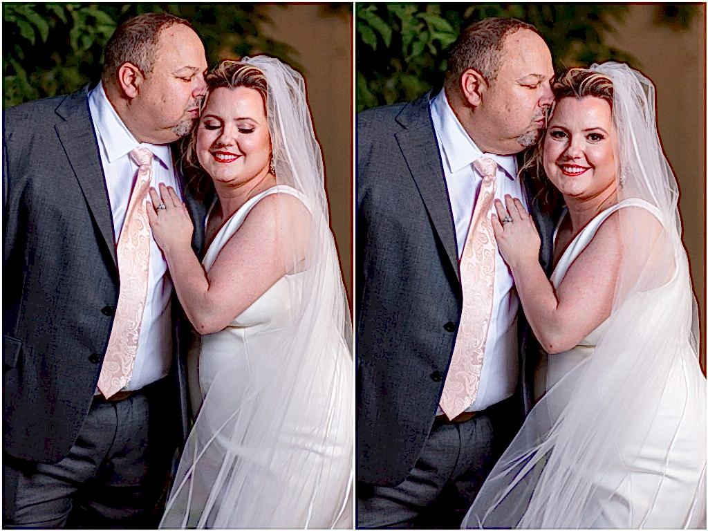 Two photos of the groom kissing the bride's forehead side by side, in one image the bride looks down and smiles and in the other the bride looks at the camera of the Dallas wedding photographer
