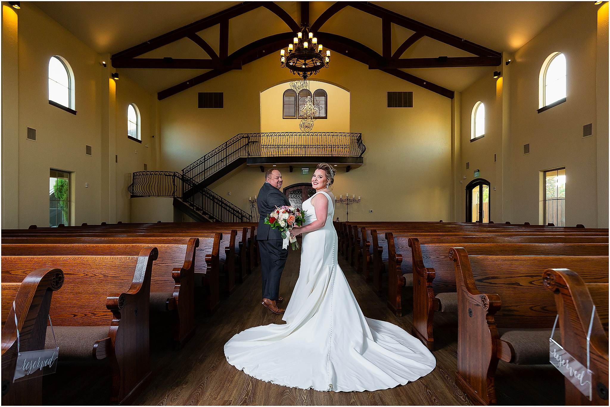 bride and groom walking back down aisle at chapel at ana villa wedding venue in the colony texas