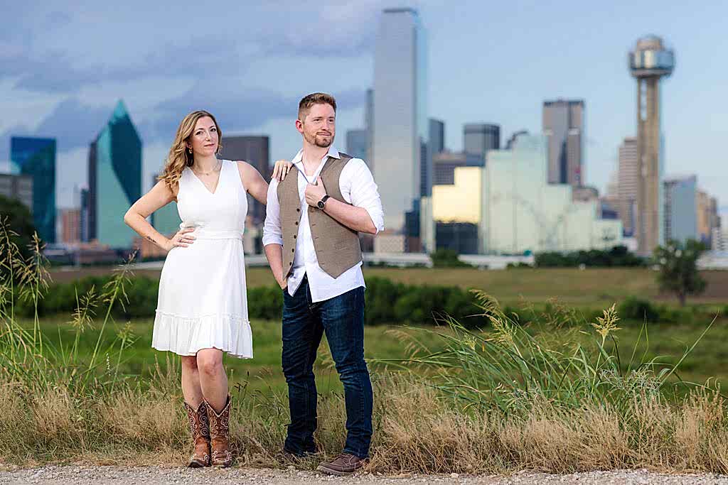 Engaged man and woman looking out in the distance during outdoor Dallas engagement session