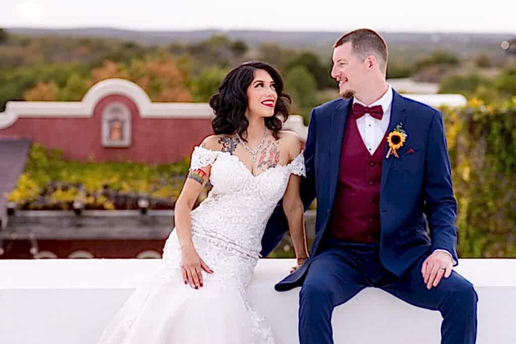 Bride and groom on Fort Worth Estate Wedding venue rooftop